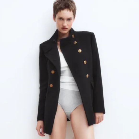Zara double breasted black pea coat with gold buttons (wool/cashmere) - Picture 2 of 10